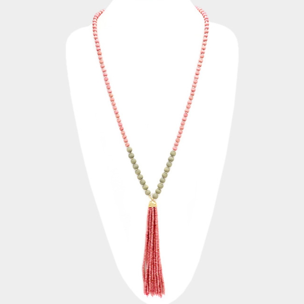 Wood bead tassel drop long necklace